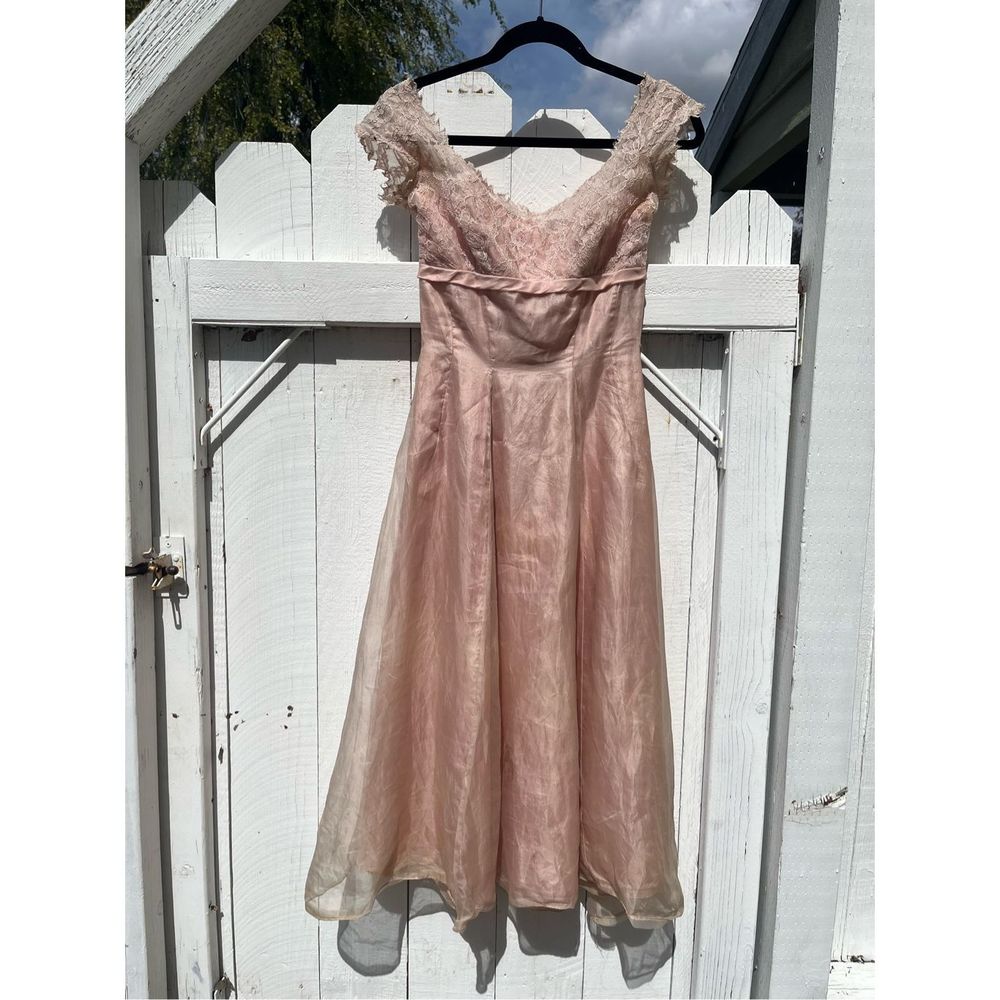 1950s Kay Selig Silk Cocktail Dress Lace Pink‎ À Line Midi